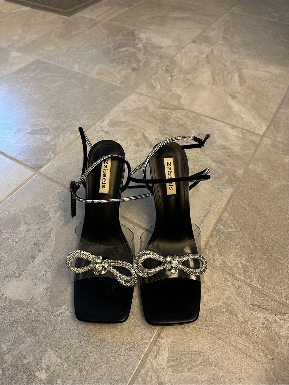 Women’s Black Rhinestone Bow Ankle-Strap Heels